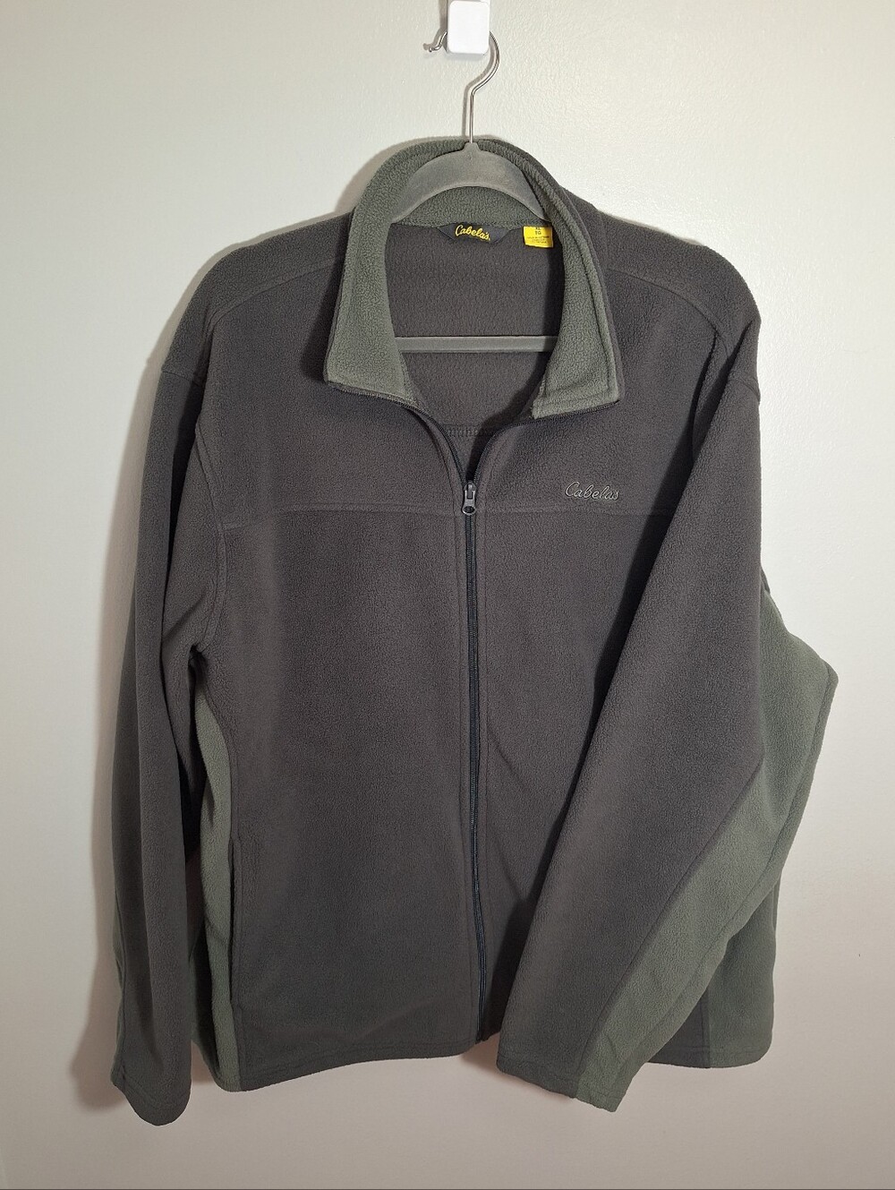 Cabela's Full Zip Fleece Jacket Gray/Olive Green Pockets Mens XL Outdoor Fall